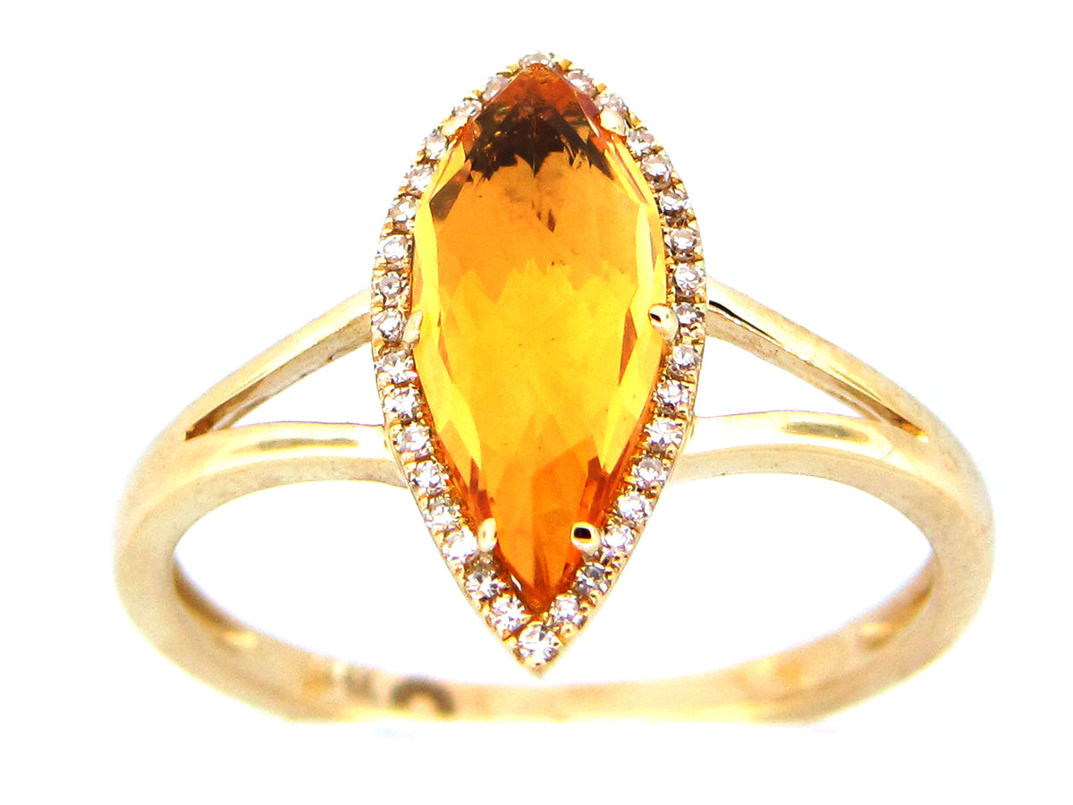 CITRINE & DIAMOND SPLIT SHANK HALO RING, 14KY (H)