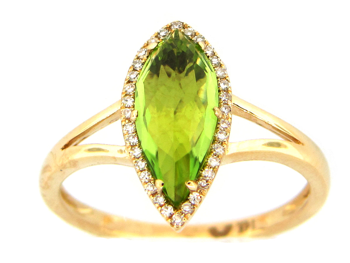 PERIDOT & DIAMOND SPLIT SHANK HALO RING, 14KY (N)
