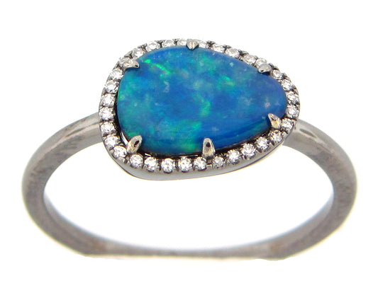 BLACK OPAL DOUBLET & DIAMOND RING, 14K BLACK FINISH (ASBL)