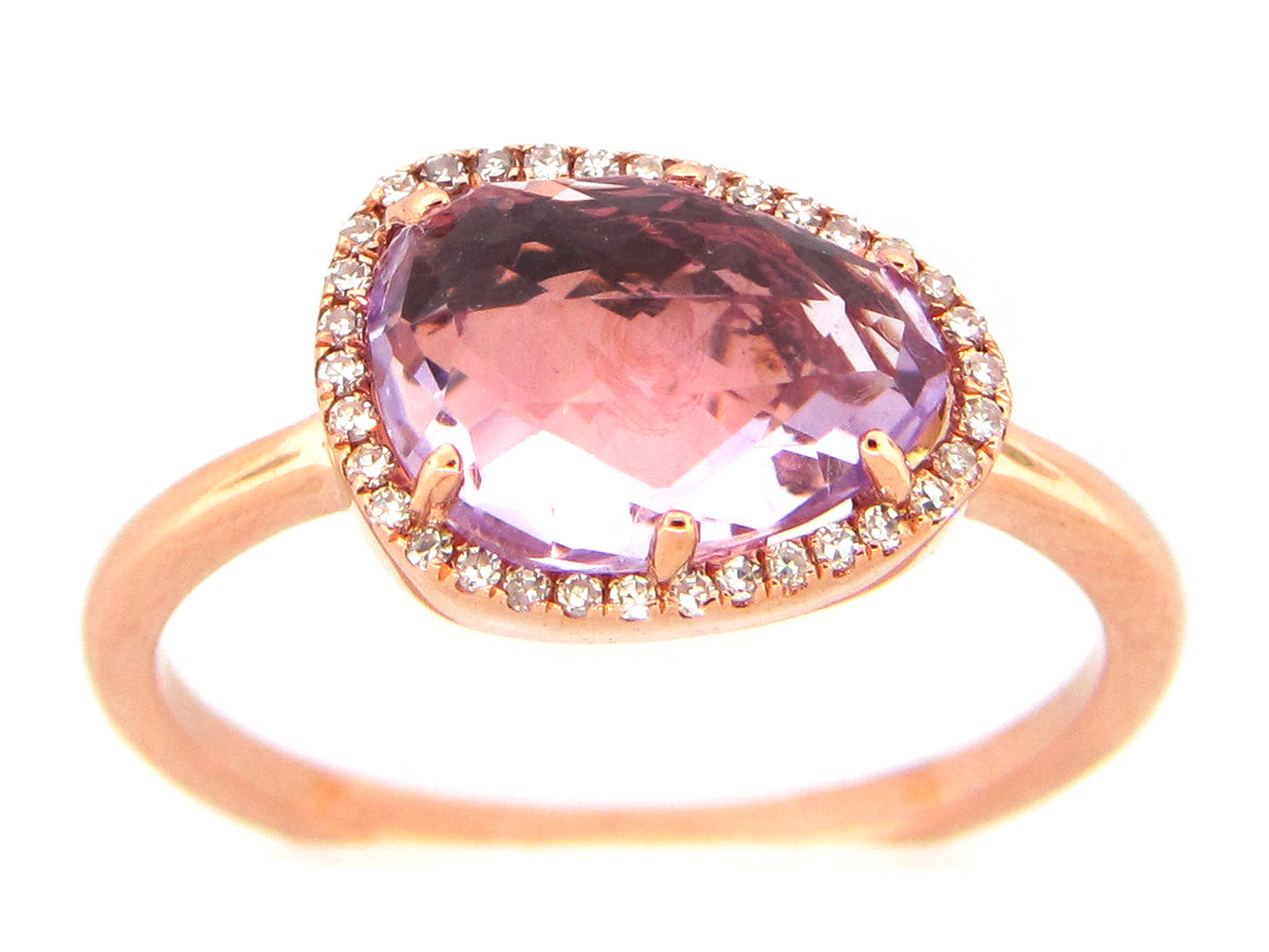 PINK AMETHYST & DIAMOND BEAN HALO RING, 14KR (H)