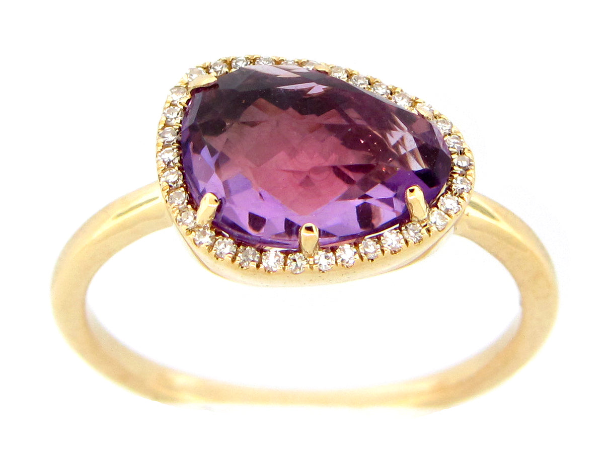 PURPLE AMETHYST & DIAMOND BEAN HALO RING, 14KY (H)