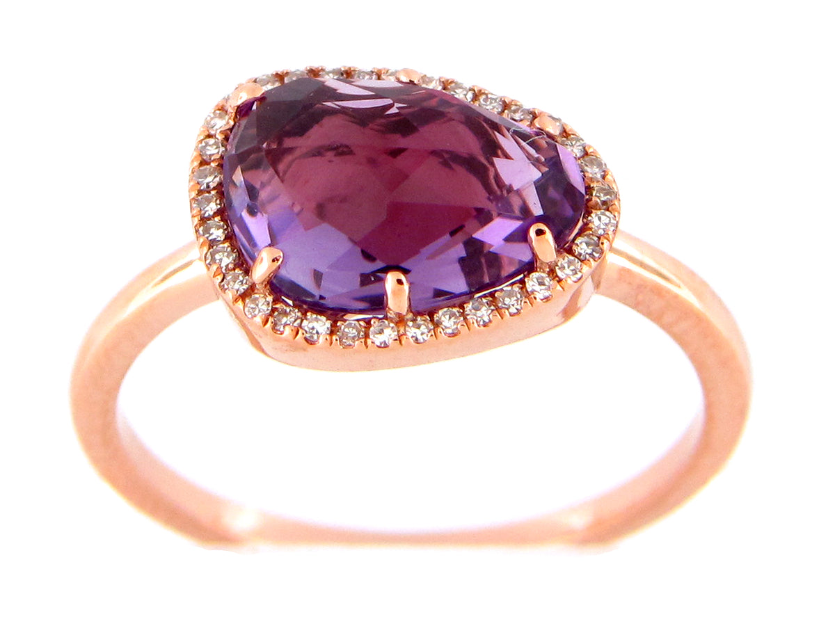 PURPLE AMETHYST & DIAMOND BEAN HALO RING, 14KR (H)