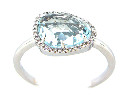 AQUAMARINE & DIAMOND BEAN HALO RING, 14KW (H)