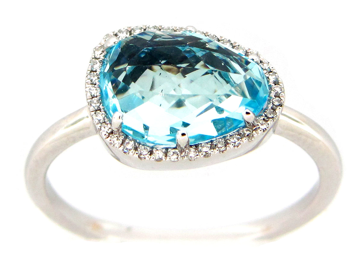 BLUE TOPAZ & DIAMOND BEAN HALO RING, 14KW (R)