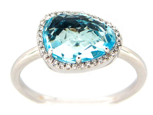 BLUE TOPAZ & DIAMOND BEAN HALO RING, 14KW (R)