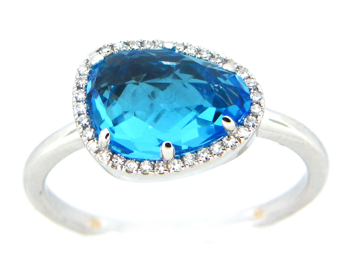SWISS BLUE TOPAZ & DIAMOND BEAN HALO RING, 14KW (R)