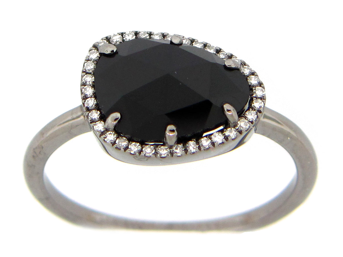 ONYX & DIAMOND BEAN HALO RING, 14K BLACK FINISH (D)