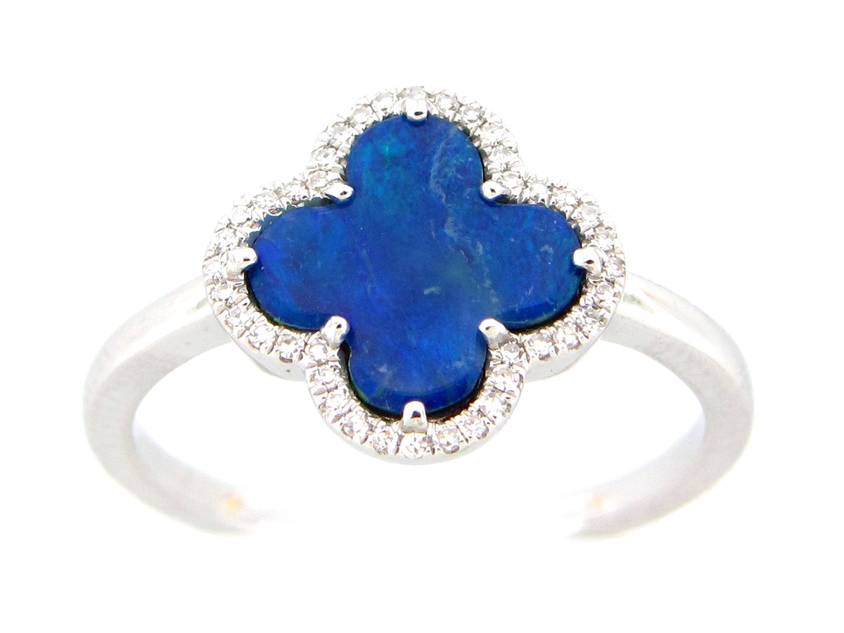 BLACK OPAL DOUBLET & DIAMOND CLOVER RING