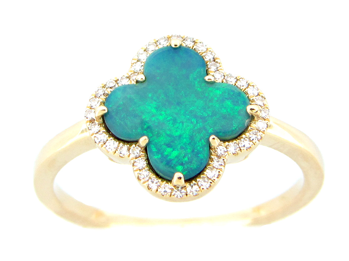 BLACK OPAL DOUBLET & DIAMOND CLOVER RING