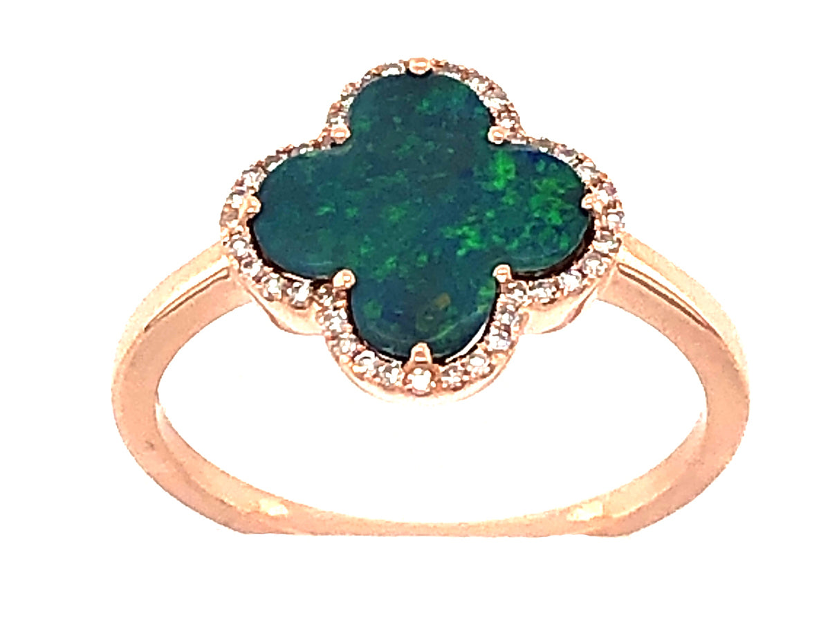 BLACK OPAL DOUBLET & DIAMOND CLOVER RING