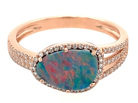 BLACK OPAL DOUBLET & DIAMOND SPLIT SHANK RING