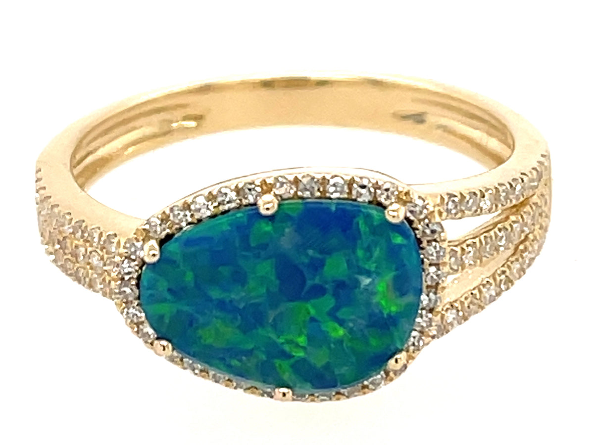 BLACK OPAL DOUBLET & DIAMOND SPLIT SHANK RING