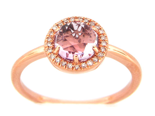PINK AMETHYST & DIAMOND ROUND HALO RING, 14KR (H)