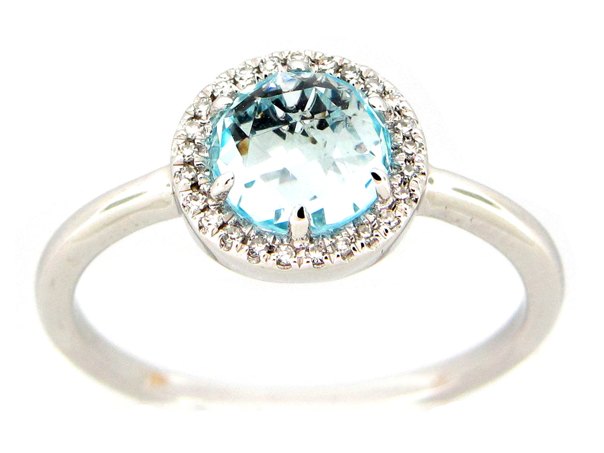 BLUE TOPAZ & DIAMOND ROUND HALO RING