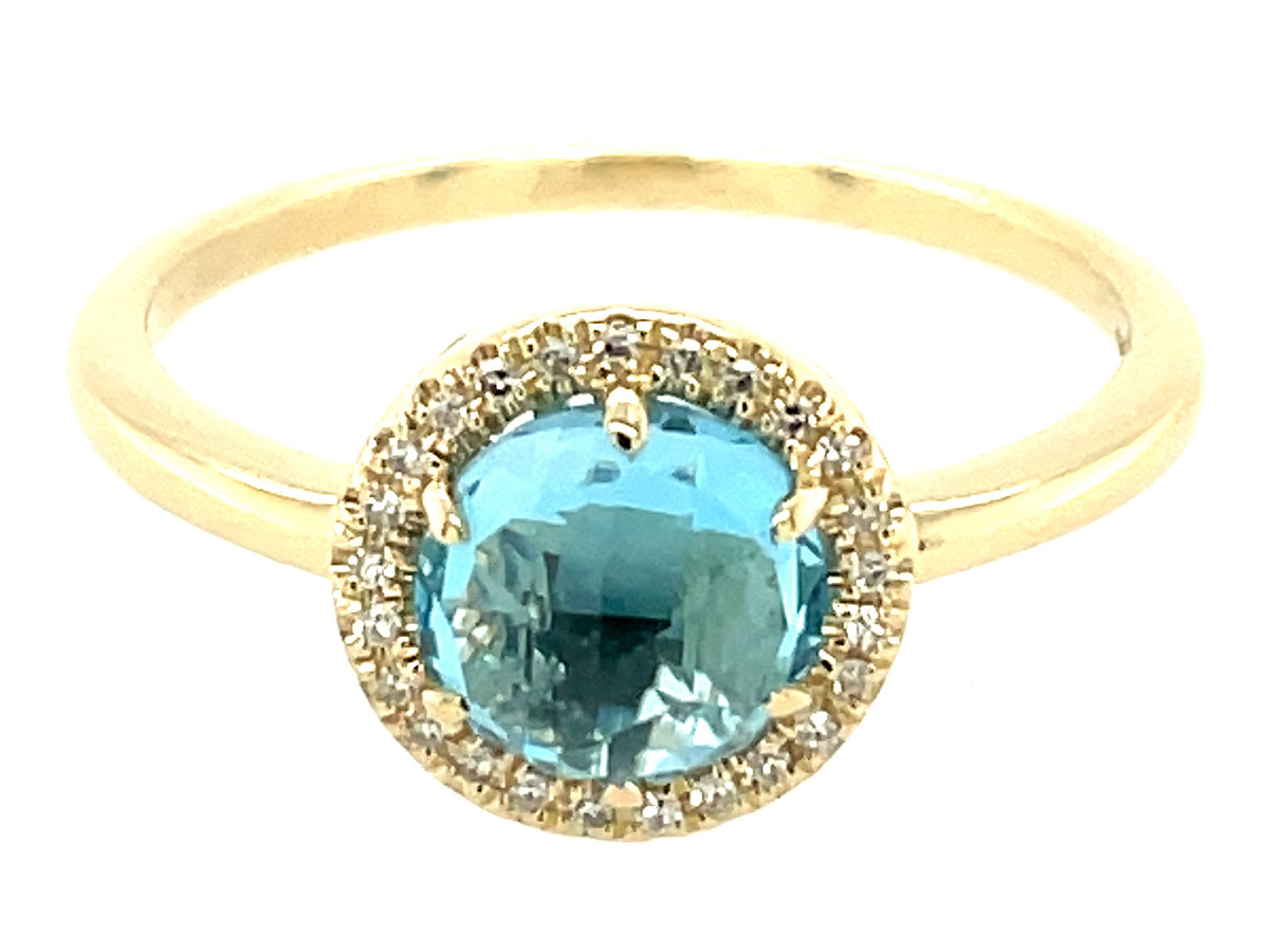 SWISS BLUE TOPAZ & DIAMOND ROUND HALO RING, 14KY (R)
