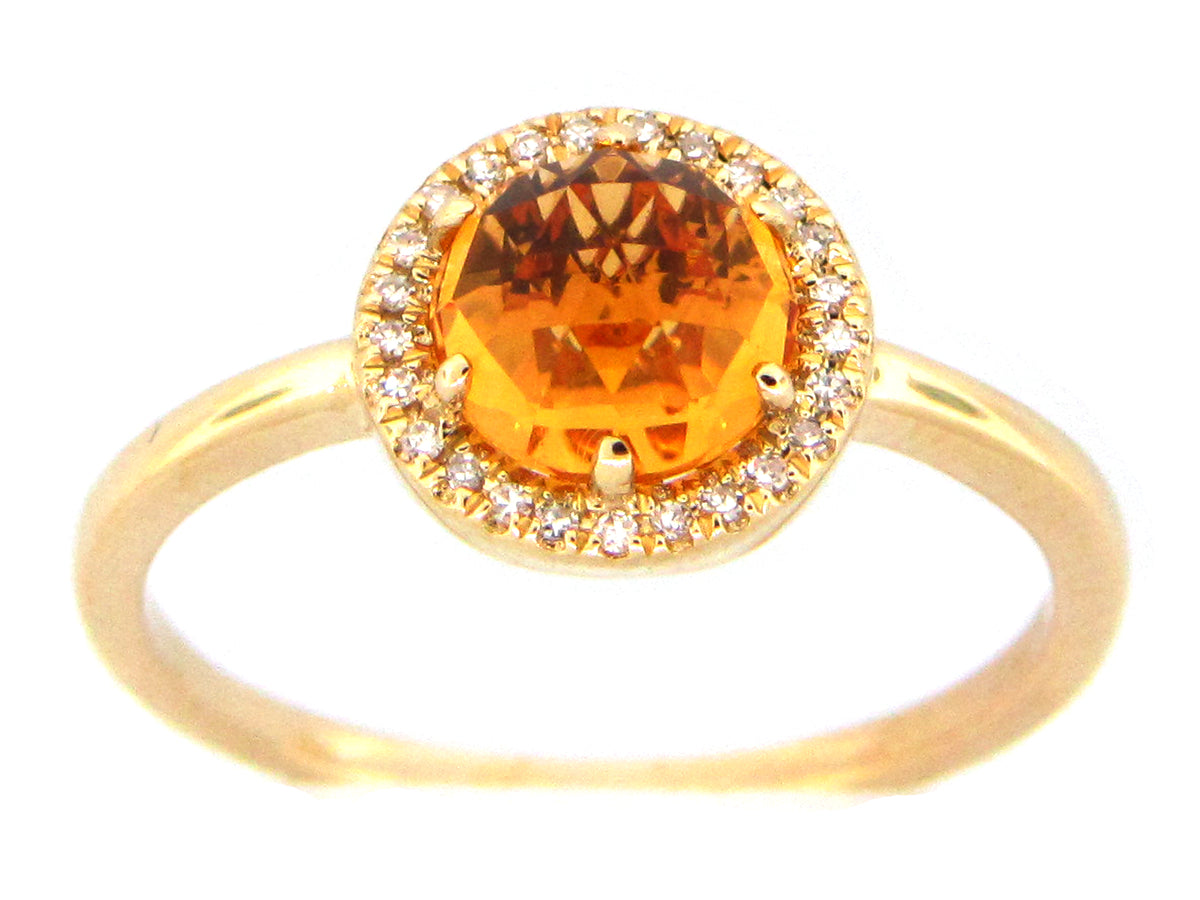 CITRINE & DIAMOND ROUND HALO RING, 14KY (H)