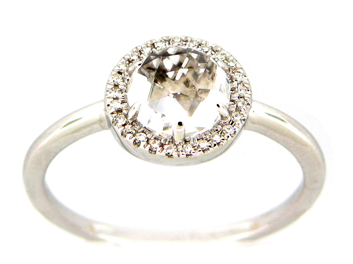 WHITE TOPAZ & DIAMOND ROUND HALO RING, 14KW (H)