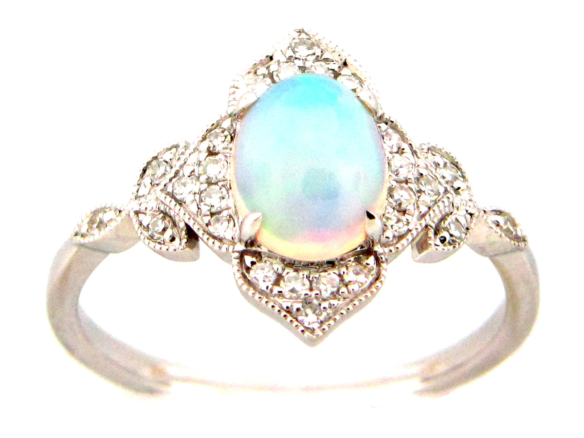 OPAL OVAL & DIAMOND HALO ART DECO RING