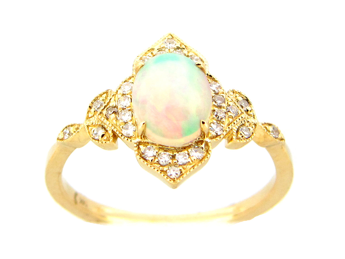 OPAL OVAL & DIAMOND HALO ART DECO RING