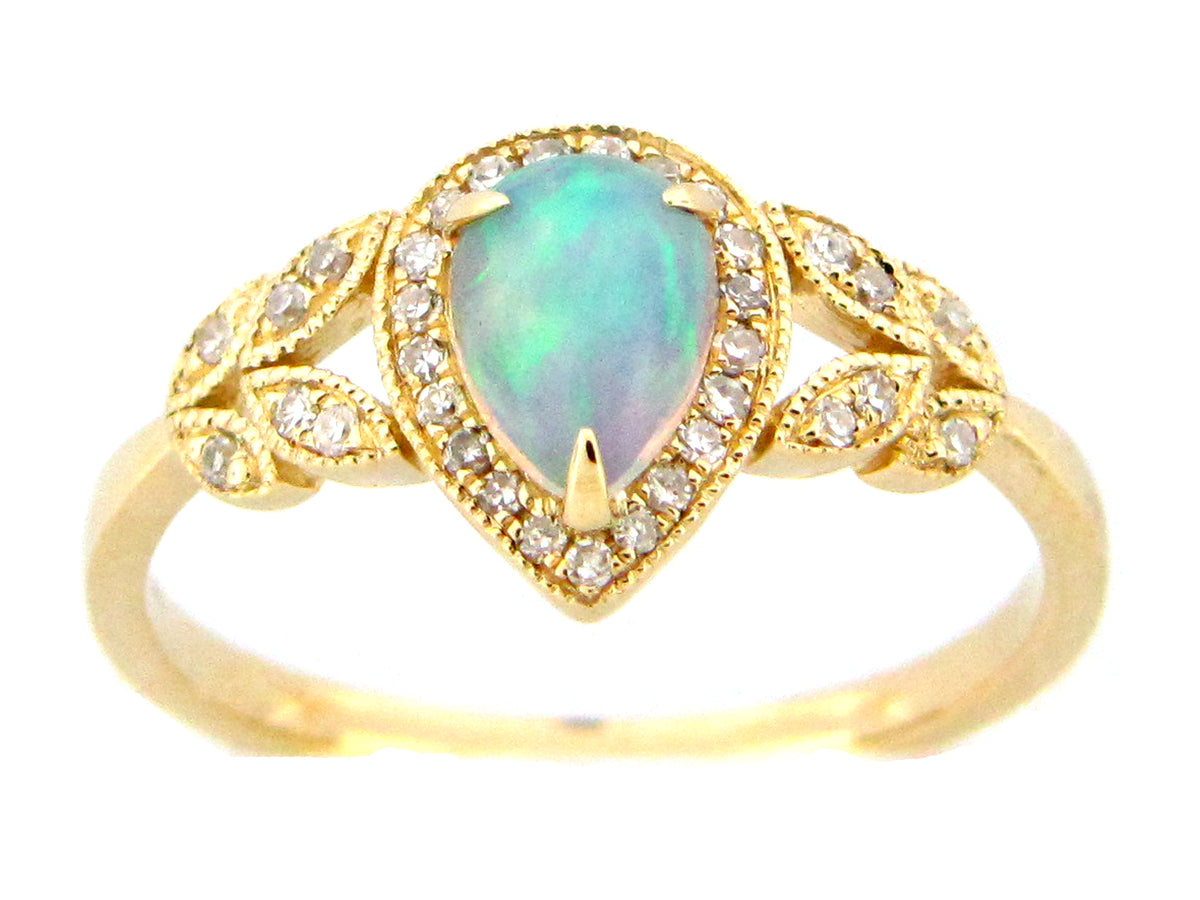 OPAL PEAR & DIAMOND HALO SPLIT SHANK RING