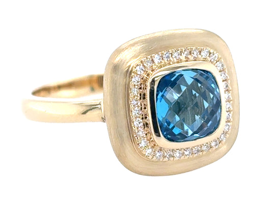 Blue Topaz Cushion Center Diamond Halo Ring, Satin Finish