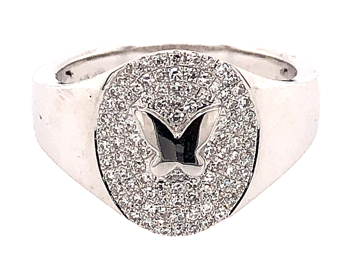 DIAMOND BUTTERFLY SIGNET RING, 14KW (N)