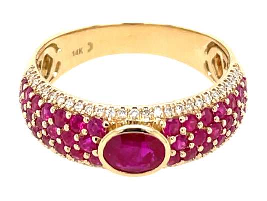 RUBY OVAL BEZEL & DIAMOND 3 ROW RING