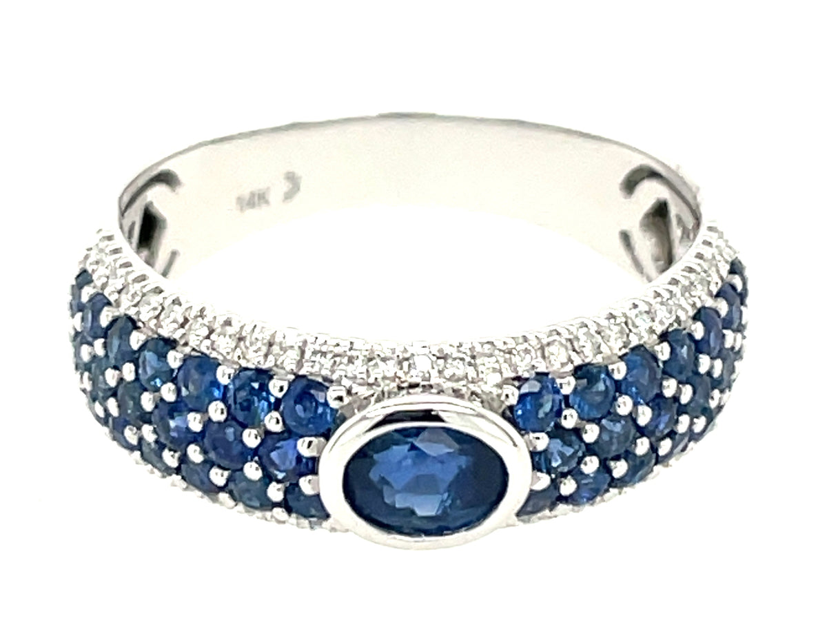 SAPPHIRE OVAL BEZEL & DIAMOND 3 ROW RING