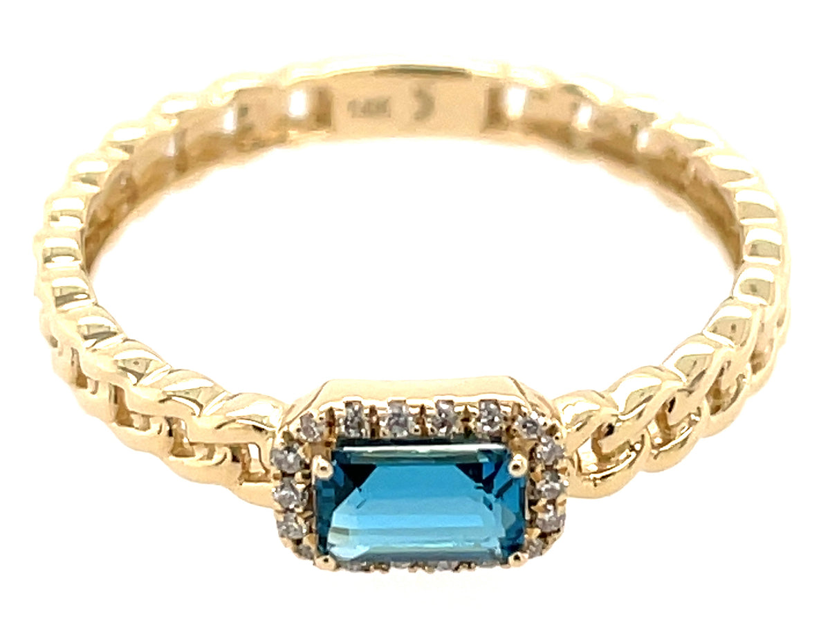 BLUE TOPAZ E/C & DIAMOND HALO LINK RING, 14KY (R)