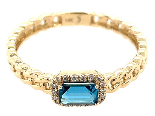 BLUE TOPAZ E/C & DIAMOND HALO LINK RING, 14KY (R)