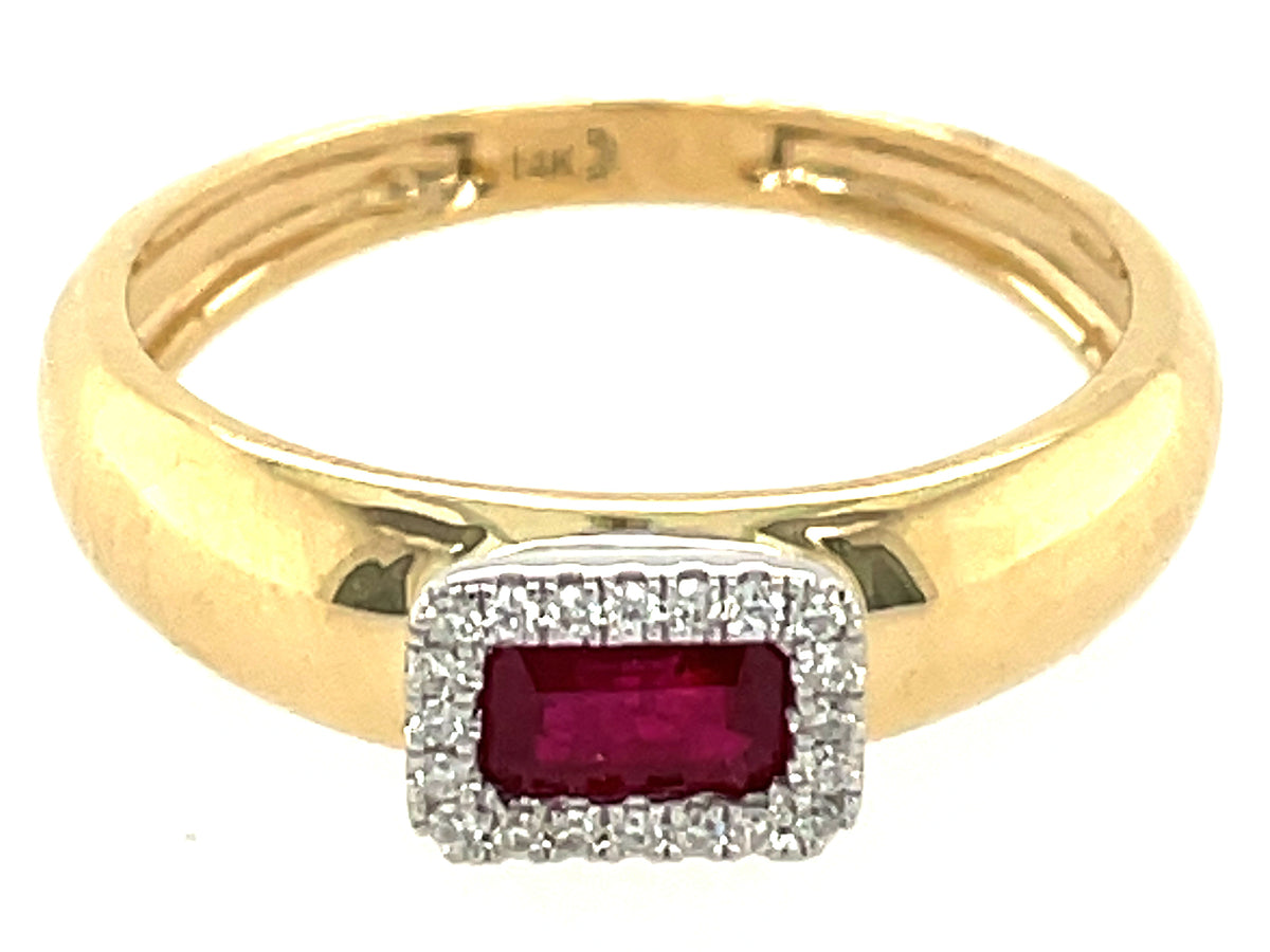 RUBY EMERALD CUT & DIAMOND HALO RING