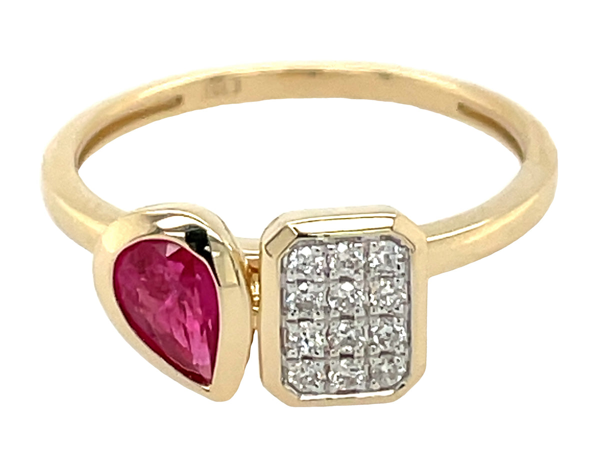 RUBY PEAR BEZEL & DIAMOND PAVE CUSHION TOI ET MOI RING
