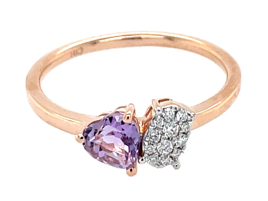 AMETHYST HEART & DIAMOND PAVE CUSHION TOI ET MOI RING