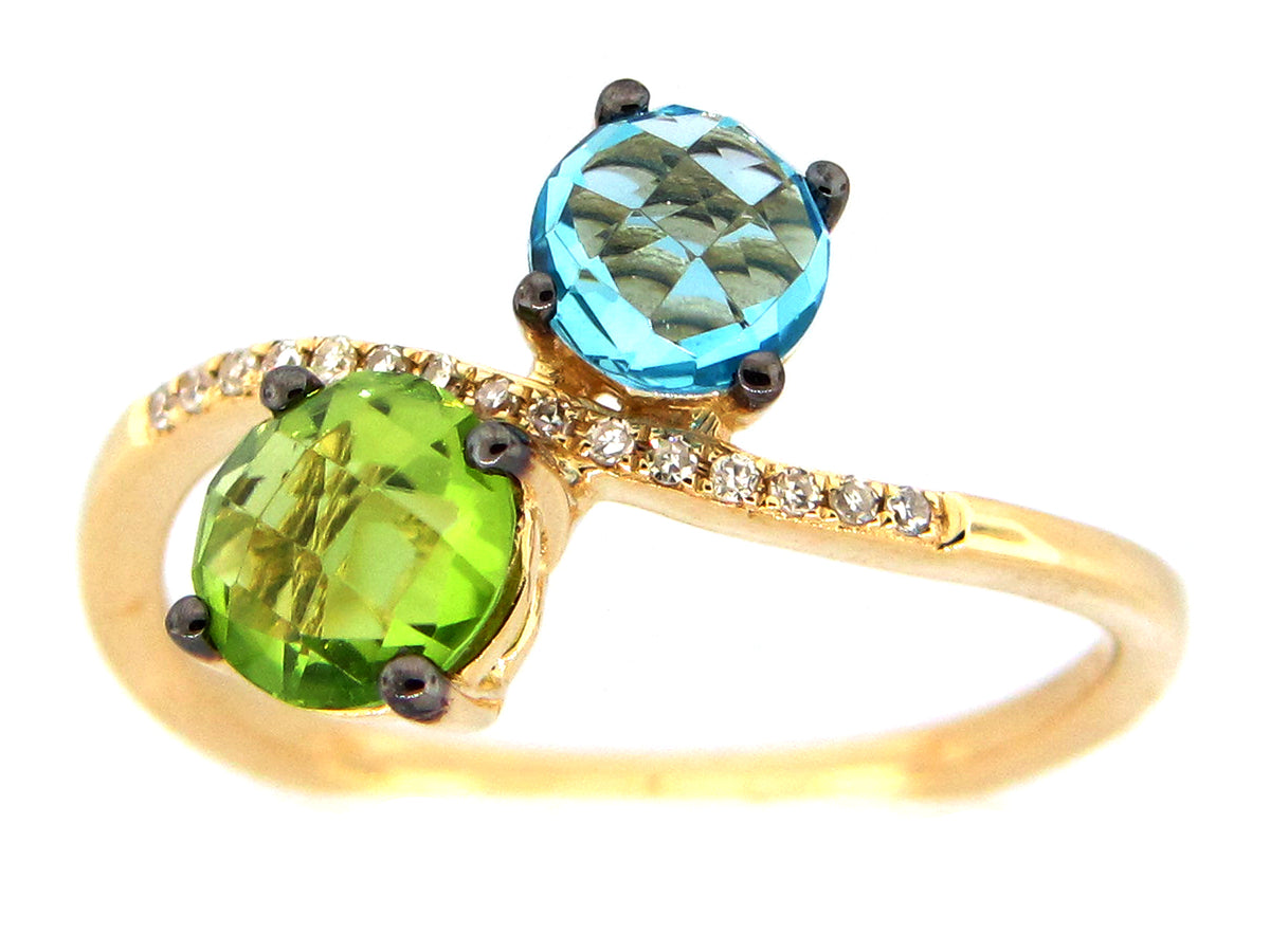 ROSE CUT PERIDOT,BLUE TOPAZ & DIAMOND RING, 14KY (N/R)