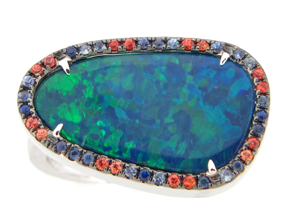 BLACK OPAL DOUBLET & ORANGE & BLUE SAPPHIRE RING, 14KW (ASBL/H /U)