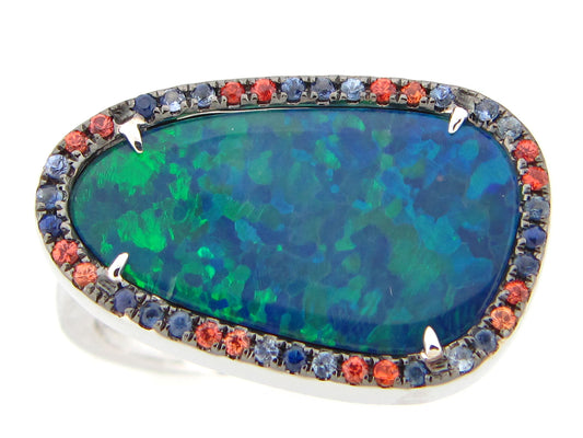 BLACK OPAL DOUBLET & ORANGE & BLUE SAPPHIRE RING, 14KW (ASBL/H /U)