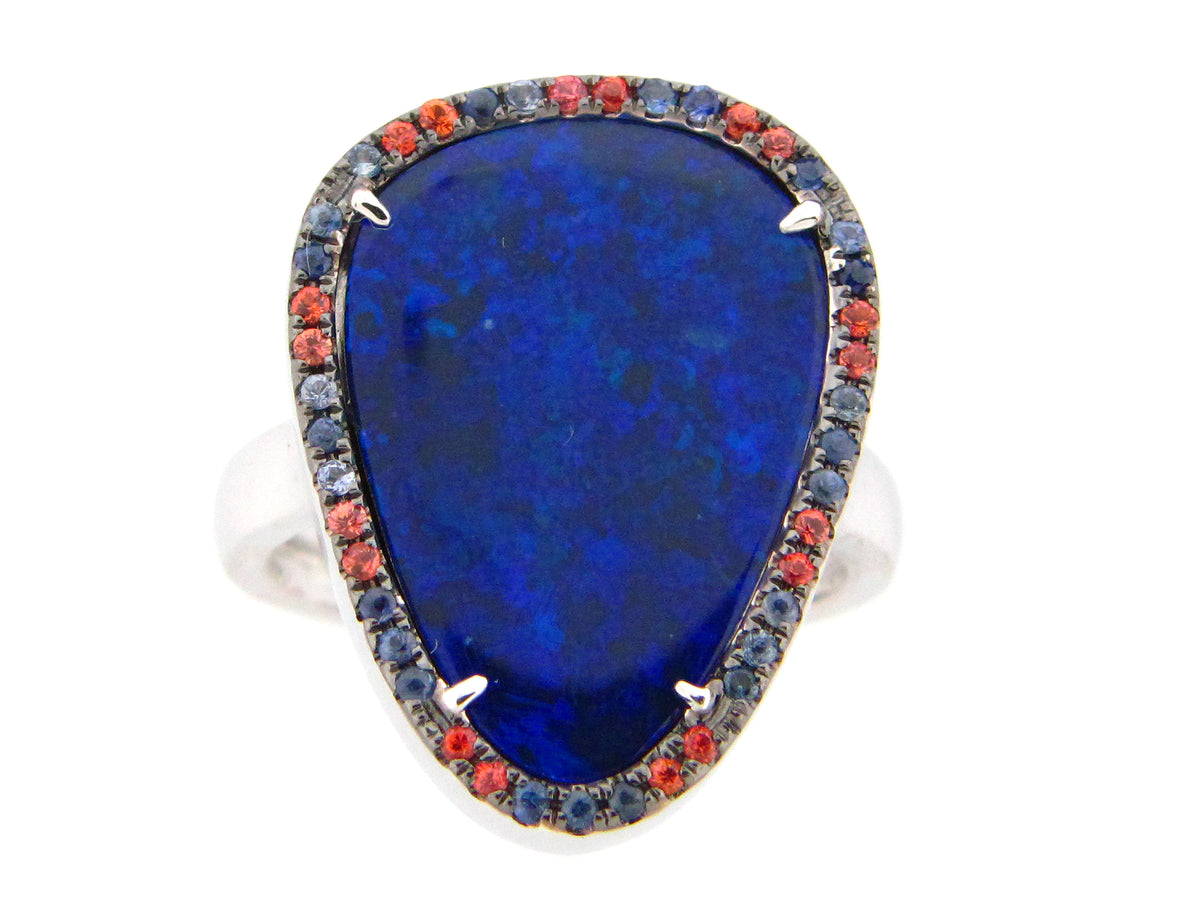 BLACK OPAL DOUBLET, ORANGE & BLUE SAPPHIRE RING,14KW (ASBL/U/H)