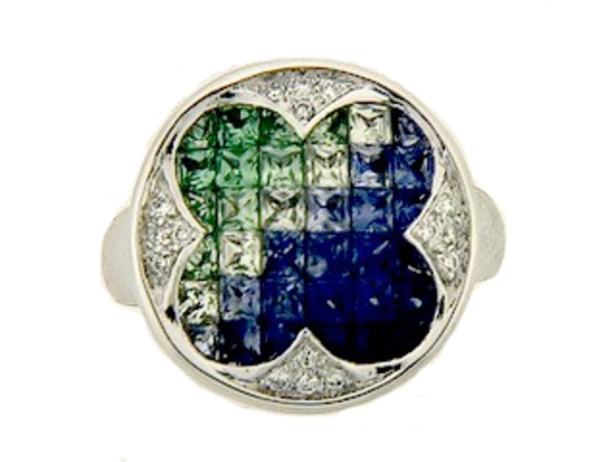 TSAVORITE, SAPPHIRE & DIAMOND RING