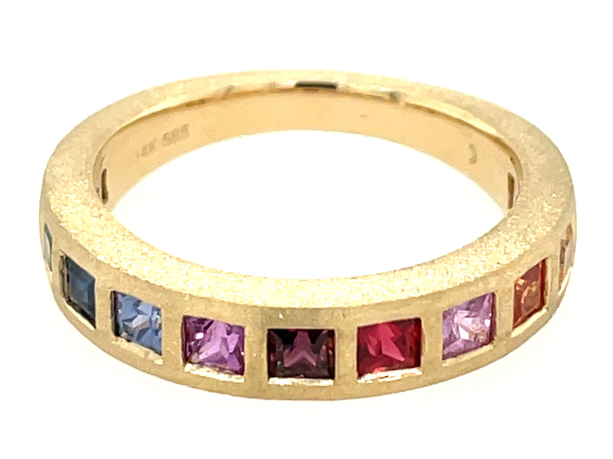 Rainbow Sapphire Princess 1 Row Flush Ring, Satin Finish