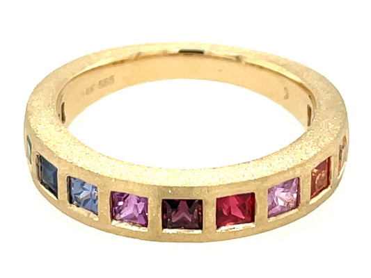 Rainbow Sapphire Princess 1 Row Flush Ring, Satin Finish