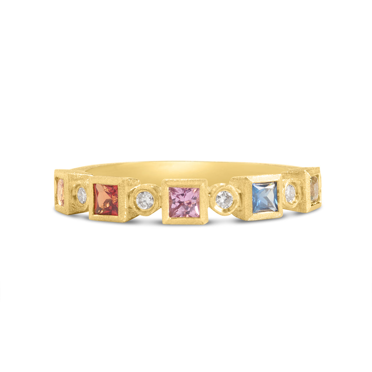 Rainbow Sapphire Princess & Diamond Bezel Band