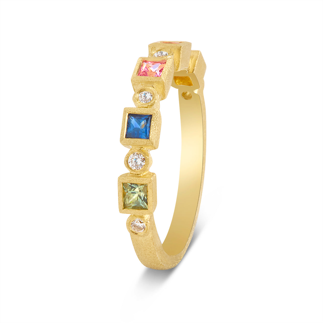 Rainbow Sapphire Princess & Diamond Bezel Band