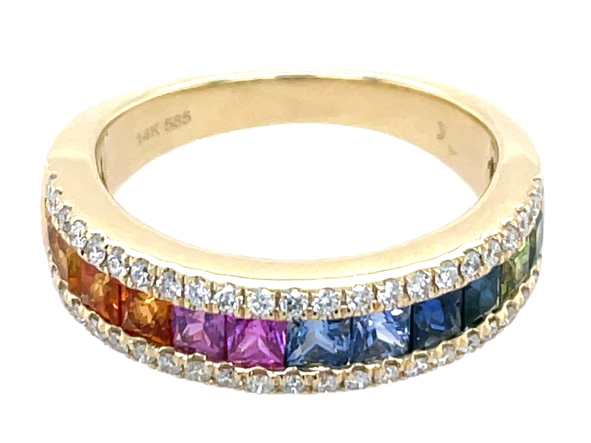 RAINBOW SAPPHIRE PRINCESS & DIAMOND 5.3MM RING