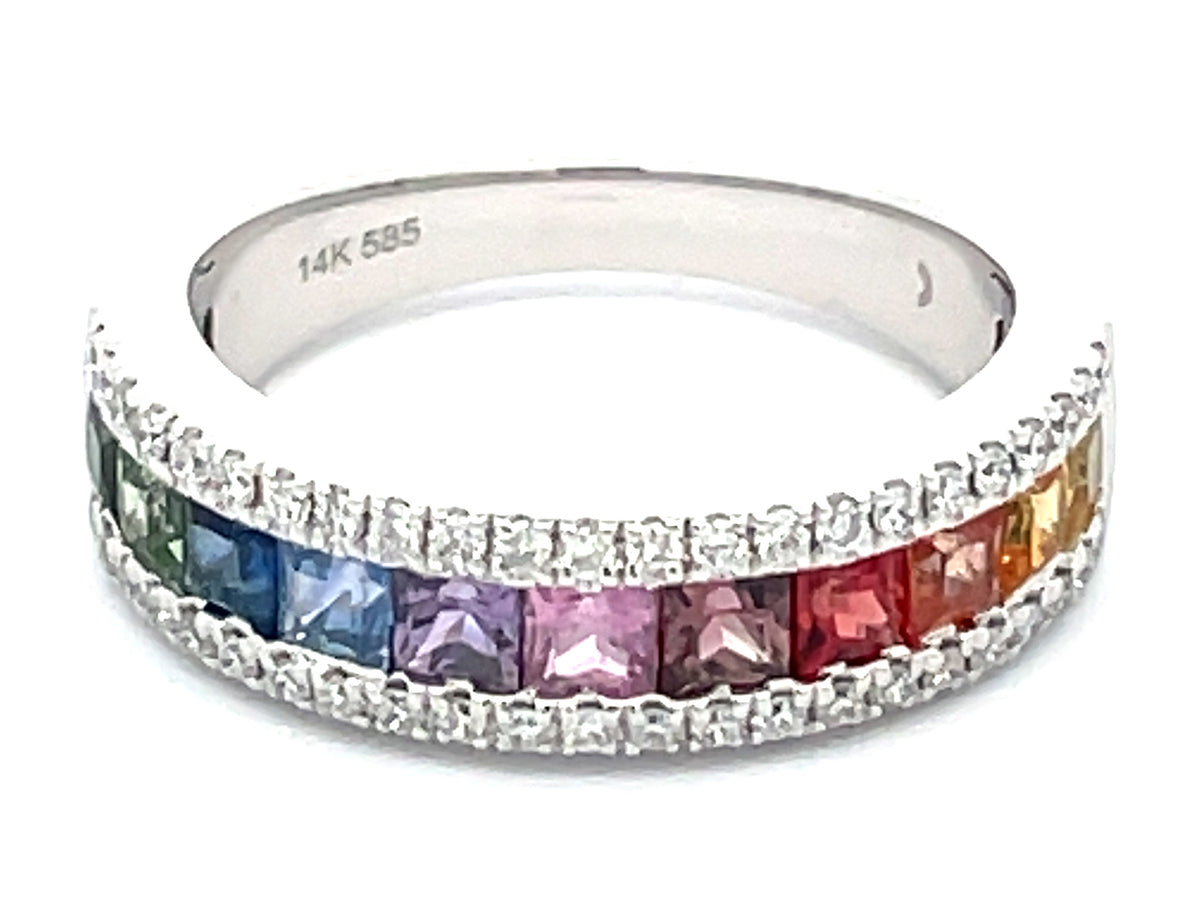 RAINBOW SAPPHIRE PRINCESS & DIAMOND 5.5MM RING