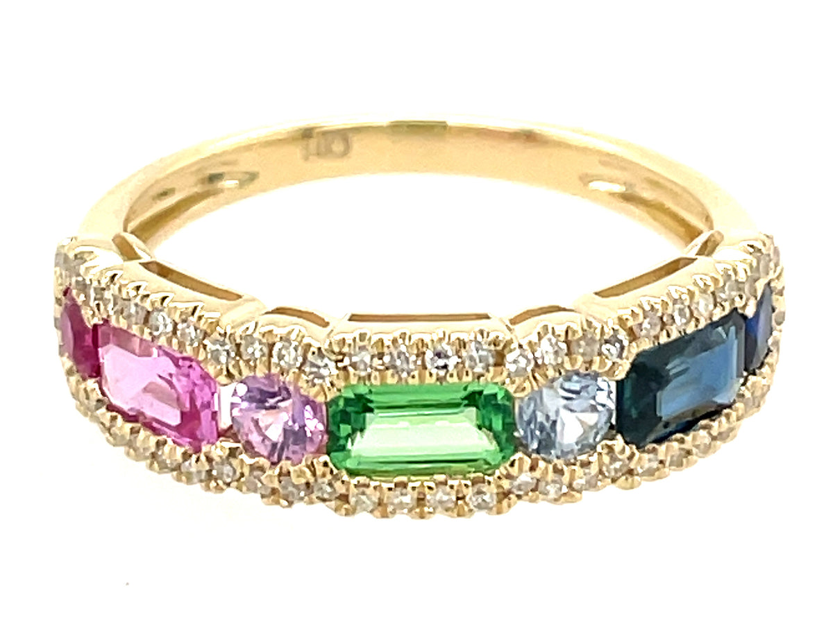 RAINBOW SAPPHIRE, TSAVORITE EMERALD CUT & ROUND & DIAMOND RING