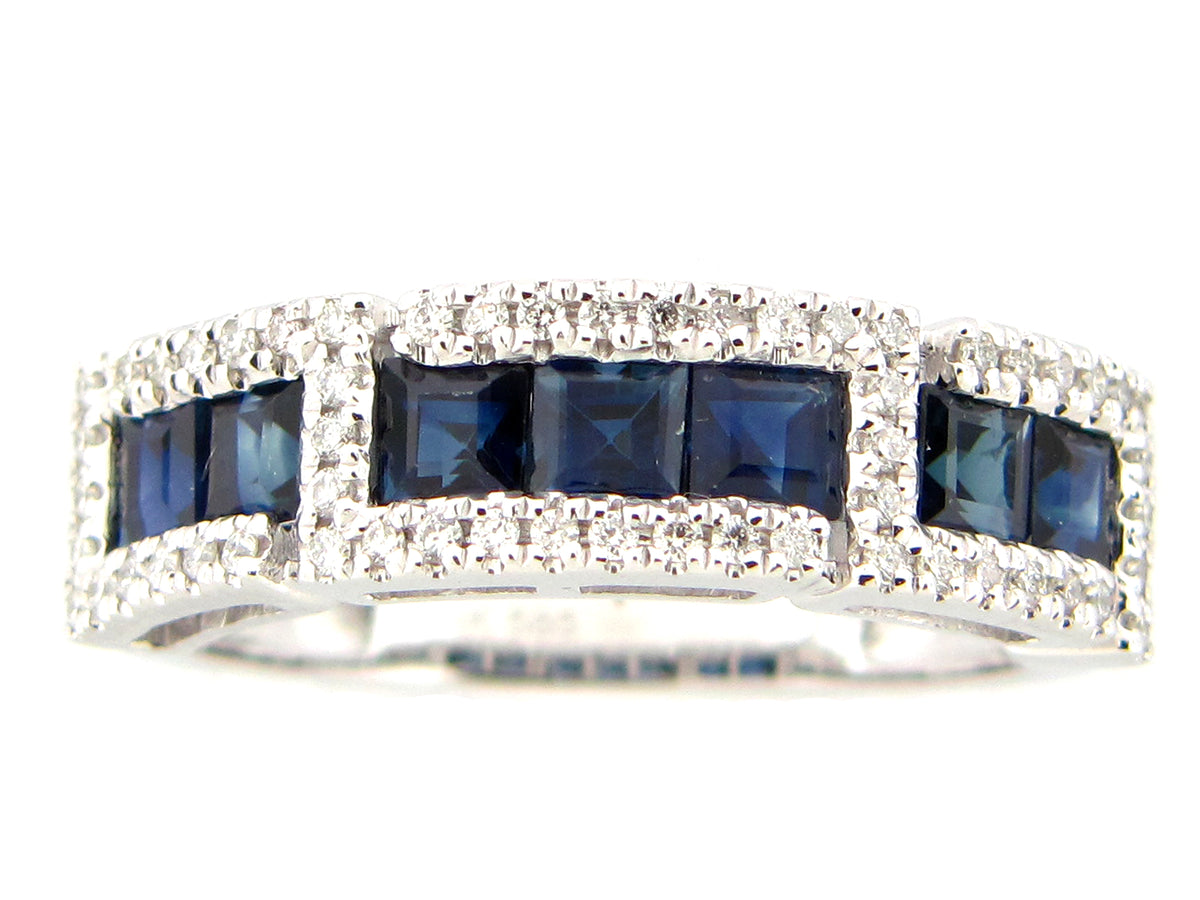 SAPPHIRE & DIAMOND CHANNEL HALO RING, 14KW (H)