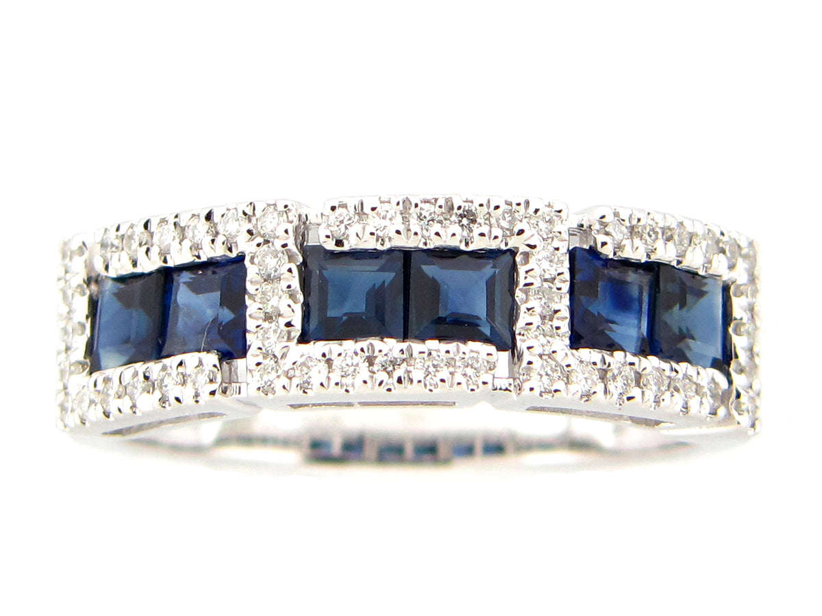 SAPPHIRE & DIAMOND CHANNEL HALO  RING, 14KW (H)