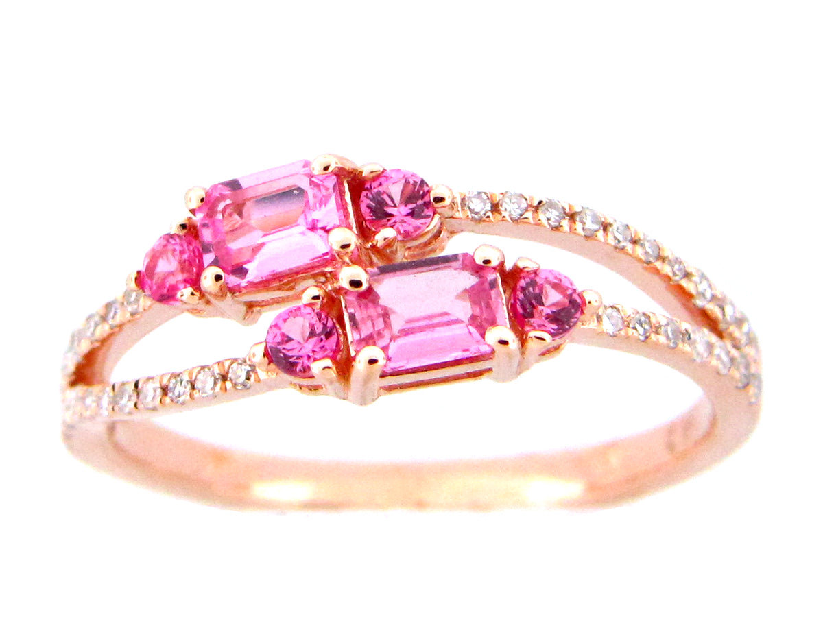 PINK SAPPHIRE & DIAMOND DOUBLE SHANK RING, 14KR (H)