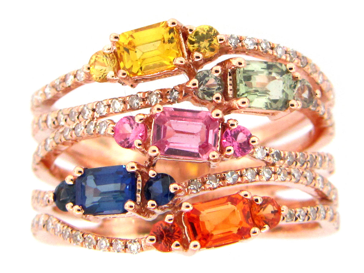 RAINBOW SAPPHIRE & DIAMOND 4 COLOR RING, 14KR (H/U)