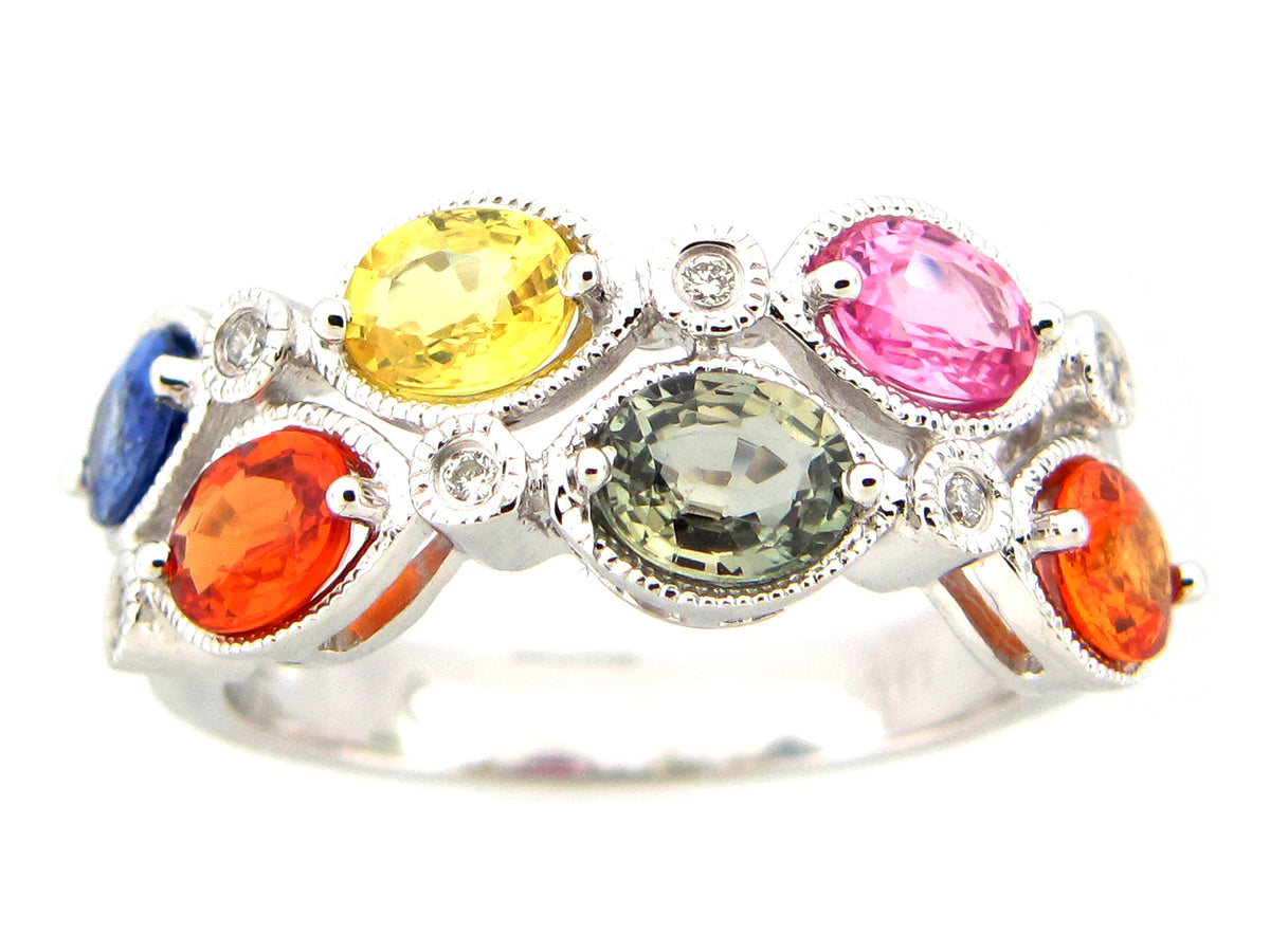 RAINBOW SAPPHIRE & DIAMOND 2 ROW RING
